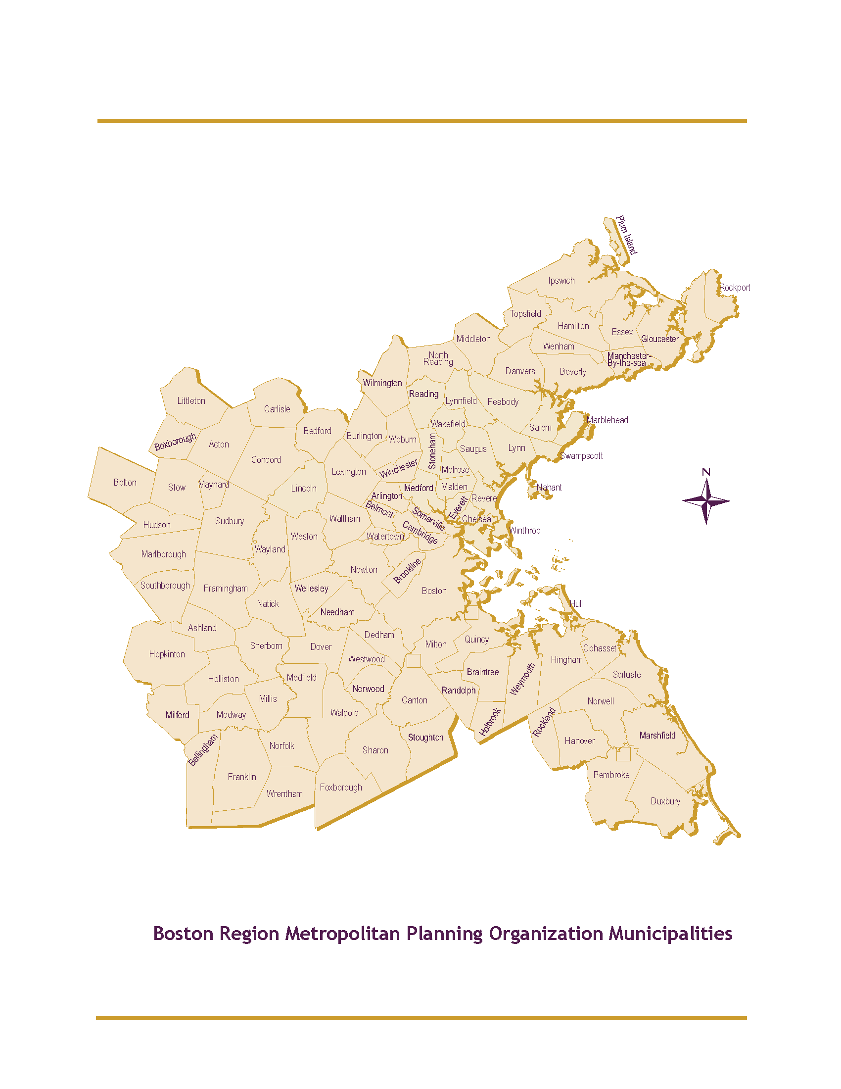 This image is a map of the Boston Region MPO region. This map includes the boundaries of the 101 cities and towns that are located within the region.